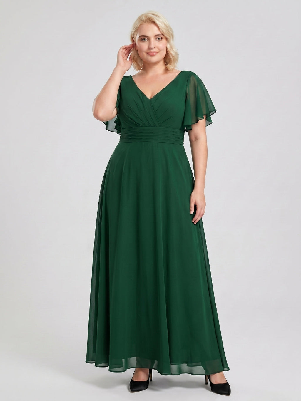 Emerald Chiffon V-Neck Back Zip A-Line Ankle-Length Plus Size Bridesmaid Dress - Curvevia