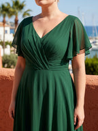 Emerald Chiffon V-Neck Back Zip A-Line Ankle-Length Plus Size Bridesmaid Dress - Curvevia