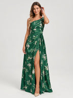 Emerald Matte Satin A-Line One Shoulder Back Zip Floor-Length Bridesmaid Dress with Pleating - Curvevia