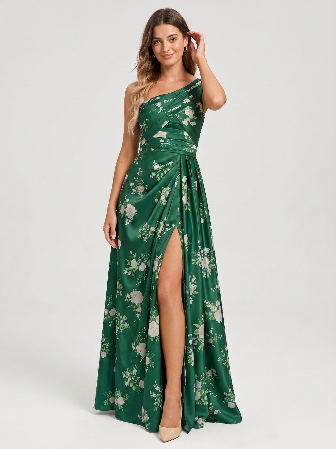 Emerald Matte Satin A-Line One Shoulder Back Zip Floor-Length Bridesmaid Dress with Pleating - Curvevia