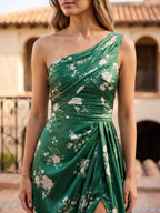 Emerald Matte Satin A-Line One Shoulder Back Zip Floor-Length Bridesmaid Dress with Pleating - Curvevia
