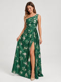 Emerald Matte Satin A-Line One Shoulder Back Zip Floor-Length Bridesmaid Dress with Pleating - Curvevia