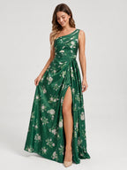 Emerald Matte Satin A-Line One Shoulder Back Zip Floor-Length Bridesmaid Dress with Pleating - Curvevia