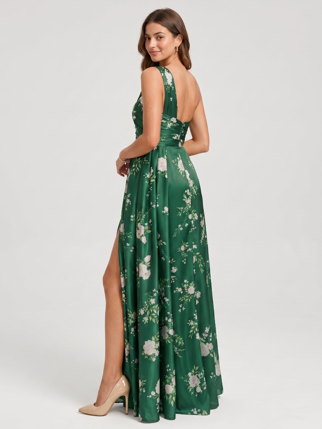 Emerald Matte Satin A-Line One Shoulder Back Zip Floor-Length Bridesmaid Dress with Pleating - Curvevia