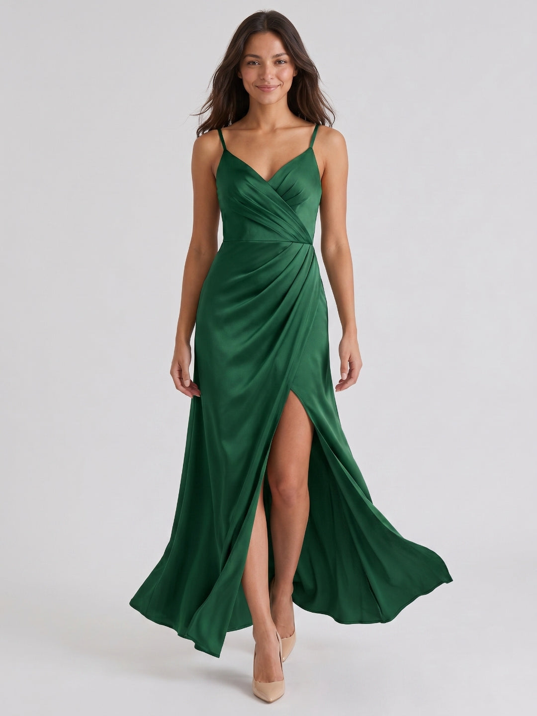 Emerald Matte Satin A-Line V-Neck Backless Floor-Length Bridesmaid Dress with Pleating - Curvevia