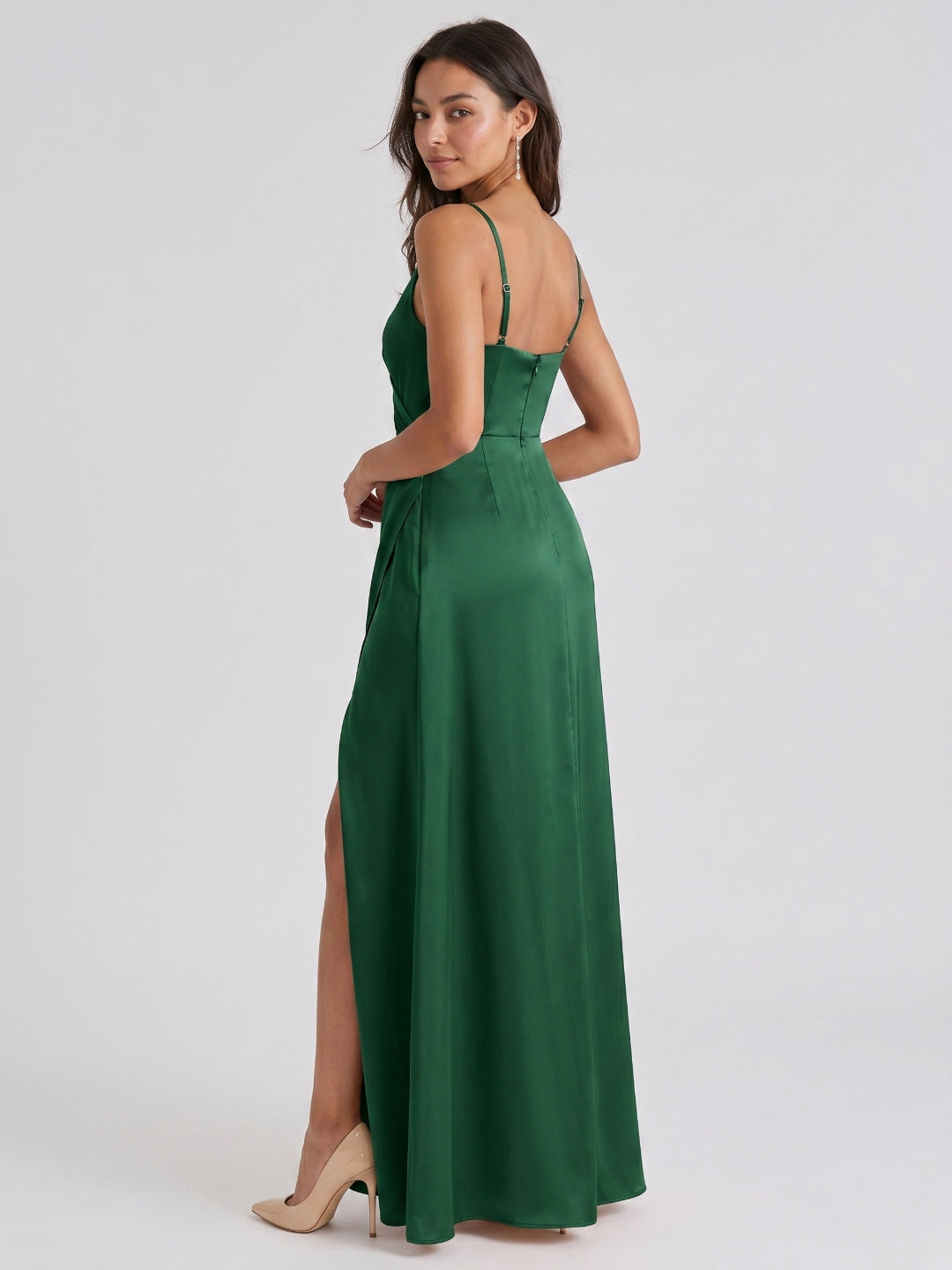 Emerald Matte Satin A-Line V-Neck Backless Floor-Length Bridesmaid Dress with Pleating - Curvevia
