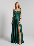 Emerald Satin A-Line Sweetheart Criss-Cross Floor Dress with Sequins - Curvevia