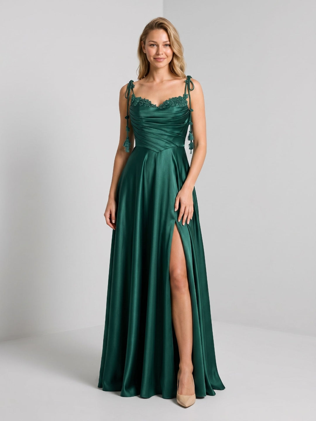 Emerald Satin A-Line Sweetheart Criss-Cross Floor Dress with Sequins - Curvevia