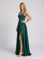 Emerald Satin A-Line Sweetheart Criss-Cross Floor Dress with Sequins - Curvevia