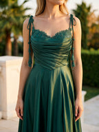 Emerald Satin A-Line Sweetheart Criss-Cross Floor Dress with Sequins - Curvevia