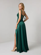 Emerald Satin A-Line Sweetheart Criss-Cross Floor Dress with Sequins - Curvevia