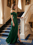 Emerald Satin Sheath Off-the-Shoulder Lace-Up Back Floor-Length Bridesmaid Dress with Bow - Curvevia