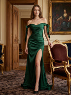 Emerald Satin Trumpet Off-the-Shoulder Backless Floor-Length Bridesmaid Dress with Bow - Curvevia