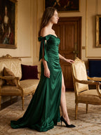Emerald Satin Trumpet Off-the-Shoulder Backless Floor-Length Bridesmaid Dress with Bow - Curvevia