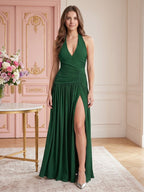 Emerald Stretch Knit A-Line V-Neck Backless Floor-Length Pleated Bridesmaid Dress - Curvevia