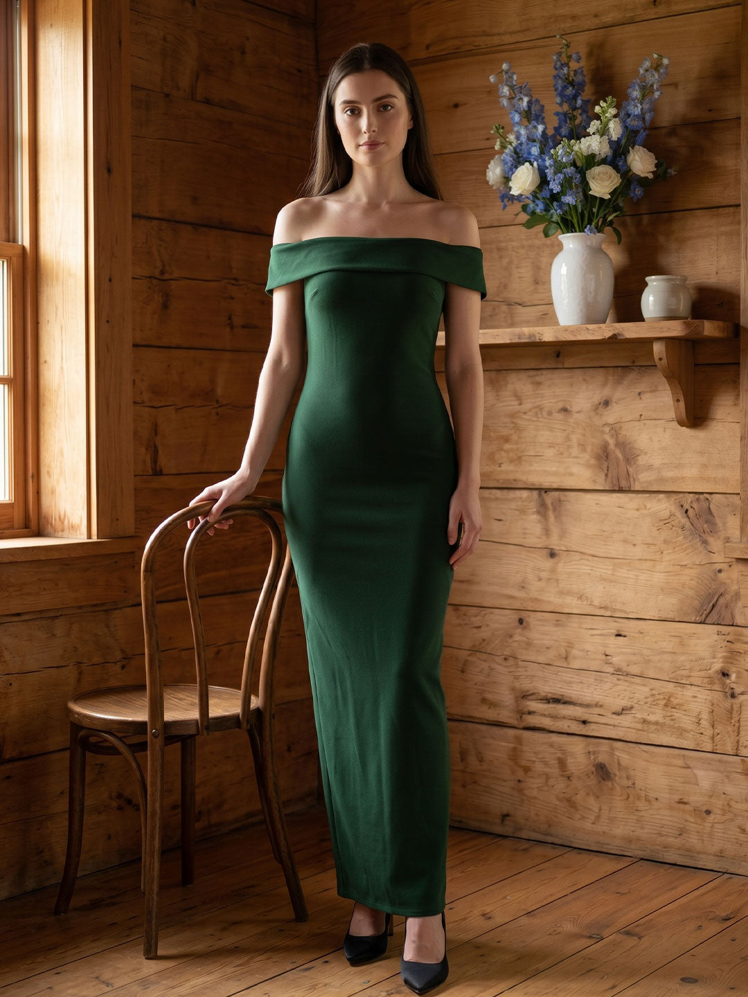 Emerald Stretch Knit Mermaid Off-the-Shoulder Backless Floor-Length Bridesmaid Dress - Curvevia