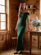 Emerald Stretch Knit Mermaid Off-the-Shoulder Backless Floor-Length Bridesmaid Dress - Curvevia