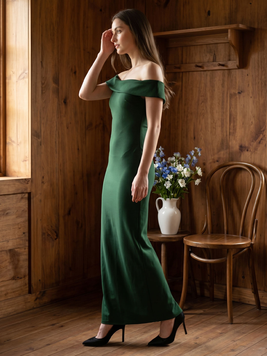 Emerald Stretch Knit Mermaid Off-the-Shoulder Backless Floor-Length Bridesmaid Dress - Curvevia
