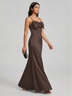 Elegant Espresso Satin A-Line Straight Neck Back Zip Ankle-Length Bridesmaid Dress - Curvevia