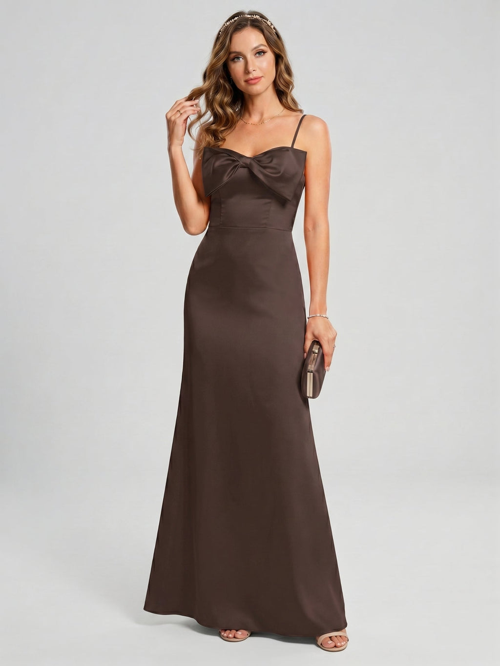 Elegant Espresso Satin A-Line Straight Neck Back Zip Ankle-Length Bridesmaid Dress - Curvevia