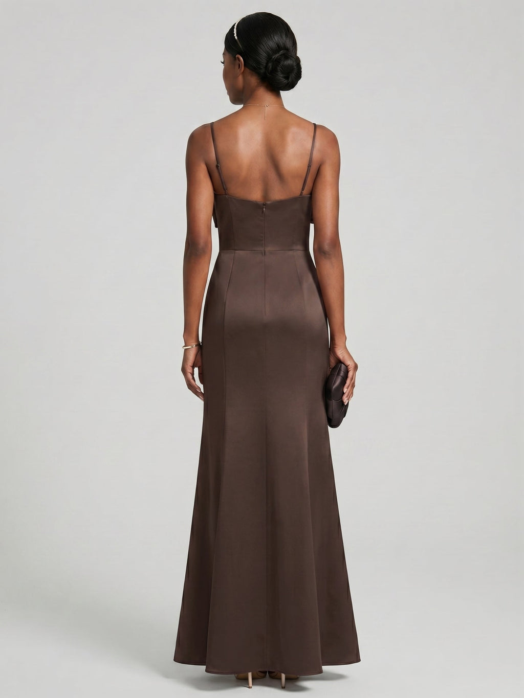 Elegant Espresso Satin A-Line Straight Neck Back Zip Ankle-Length Bridesmaid Dress - Curvevia