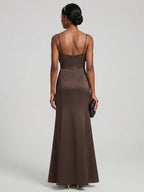 Elegant Espresso Satin A-Line Straight Neck Back Zip Ankle-Length Bridesmaid Dress - Curvevia