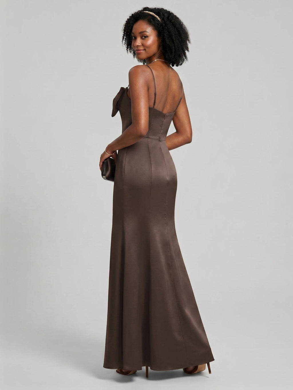 Elegant Espresso Satin A-Line Straight Neck Back Zip Ankle-Length Bridesmaid Dress - Curvevia