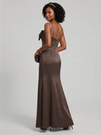 Elegant Espresso Satin A-Line Straight Neck Back Zip Ankle-Length Bridesmaid Dress - Curvevia
