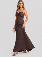 Elegant Espresso Satin A-Line Straight Neck Back Zip Ankle-Length Bridesmaid Dress - Curvevia