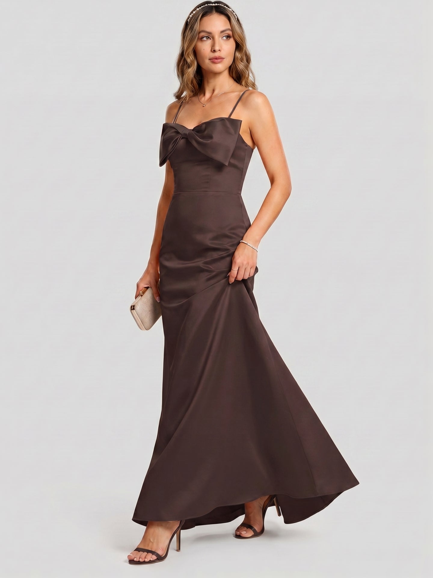 Elegant Espresso Satin A-Line Straight Neck Back Zip Ankle-Length Bridesmaid Dress - Curvevia