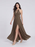 Espresso Chiffon A-Line Halter Neckline Bow Back Floor-Length Bridesmaid Dress with Pleating - Curvevia