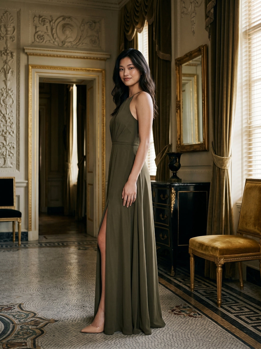 Espresso Chiffon A-Line Halter Neckline Bow Back Floor-Length Bridesmaid Dress with Pleating - Curvevia