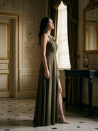 Espresso Chiffon A-Line Halter Neckline Bow Back Floor-Length Bridesmaid Dress with Pleating - Curvevia