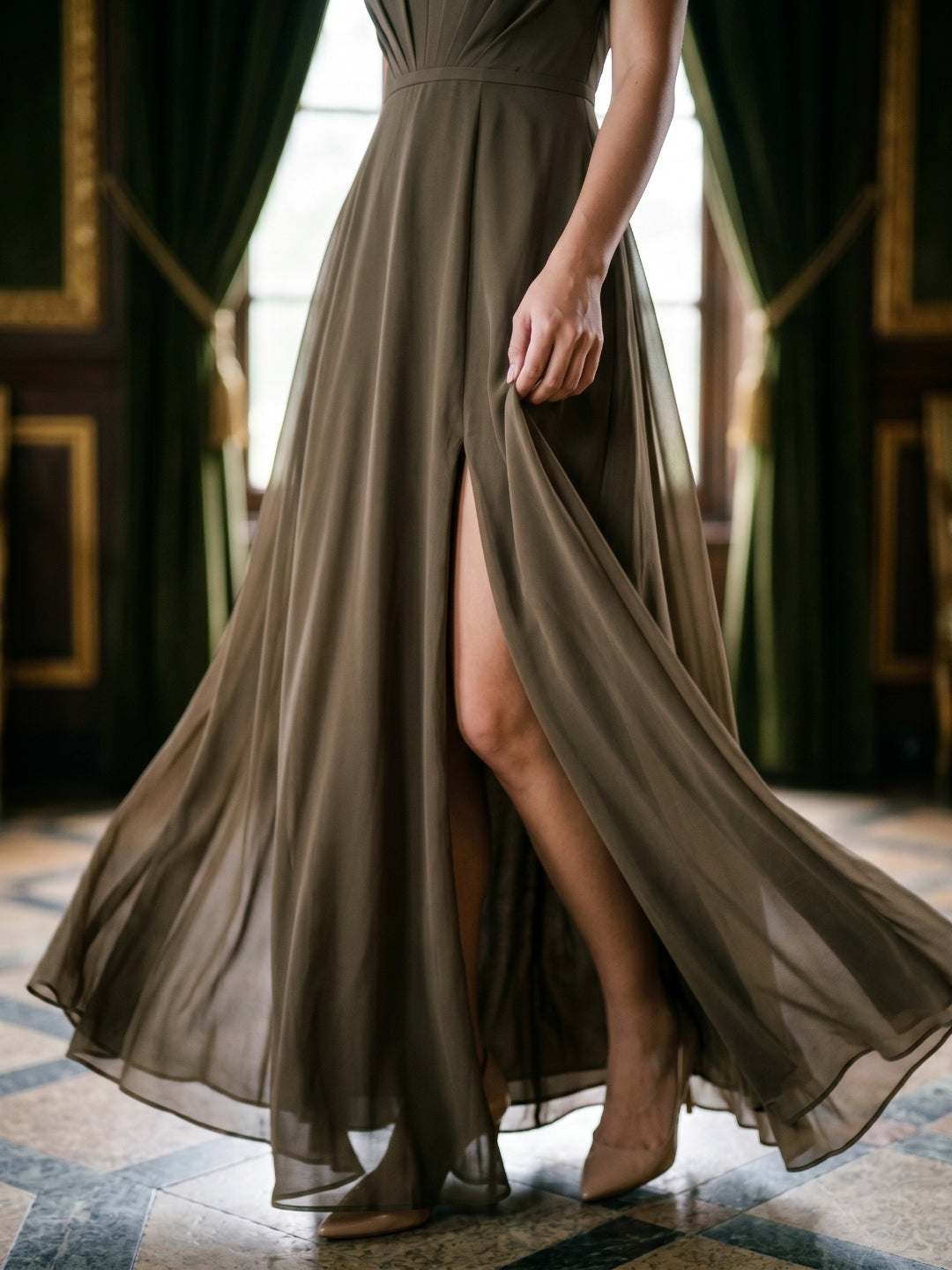 Espresso Chiffon A-Line Halter Neckline Bow Back Floor-Length Bridesmaid Dress with Pleating - Curvevia