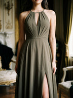 Espresso Chiffon A-Line Halter Neckline Bow Back Floor-Length Bridesmaid Dress with Pleating - Curvevia