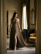 Espresso Chiffon A-Line Halter Neckline Bow Back Floor-Length Bridesmaid Dress with Pleating - Curvevia