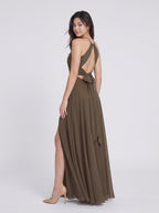 Espresso Chiffon A-Line Halter Neckline Bow Back Floor-Length Bridesmaid Dress with Pleating - Curvevia