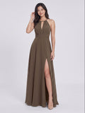 Espresso Chiffon A-Line Halter Neckline Bow Back Floor-Length Bridesmaid Dress with Pleating - Curvevia