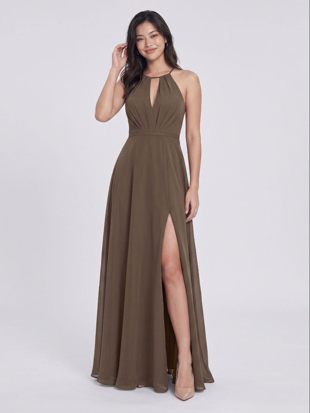 Espresso Chiffon A-Line Halter Neckline Bow Back Floor-Length Bridesmaid Dress with Pleating - Curvevia