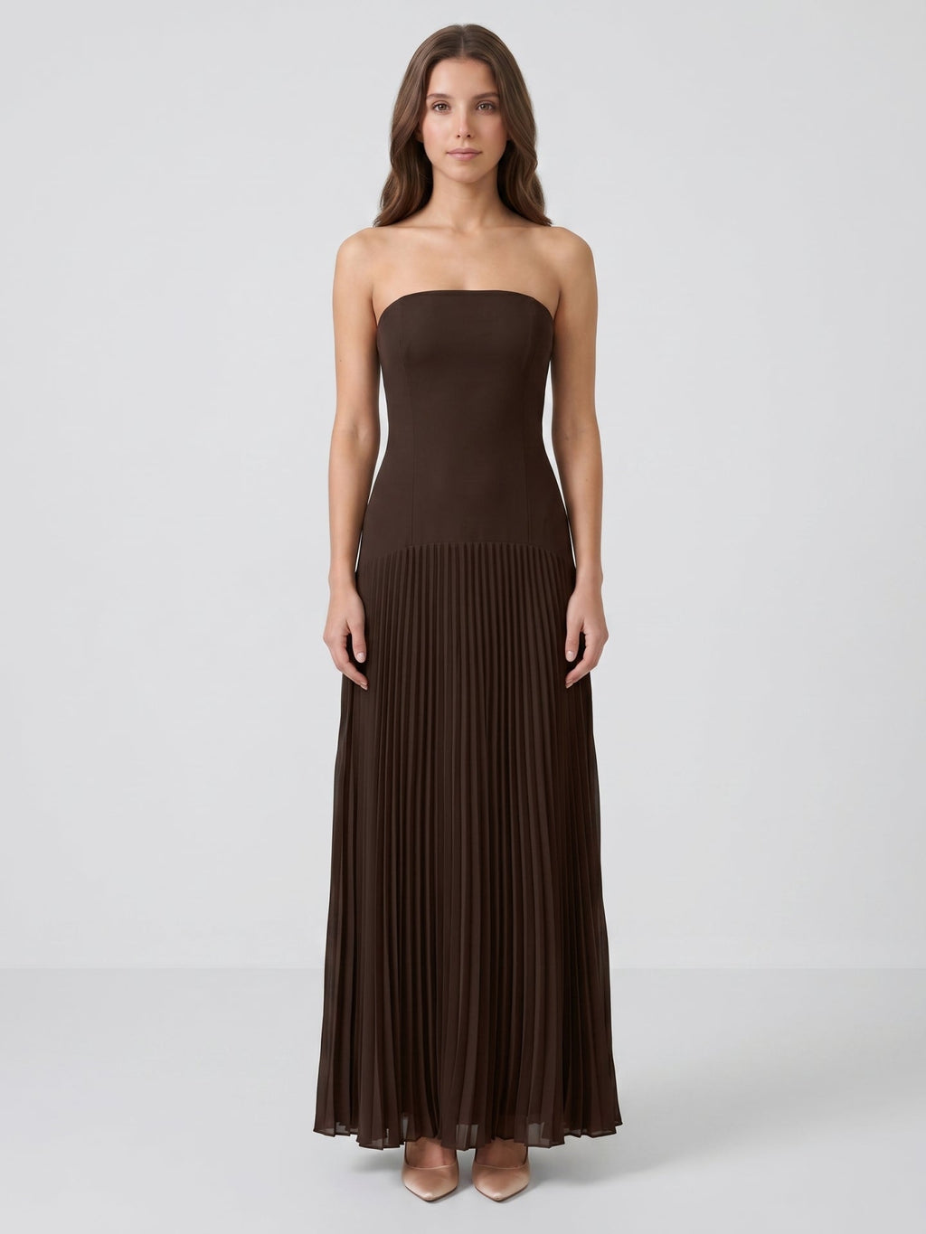 Espresso Chiffon A-Line Straight Neck Back Zip Floor-Length Pleated Bridesmaid Dress - Curvevia