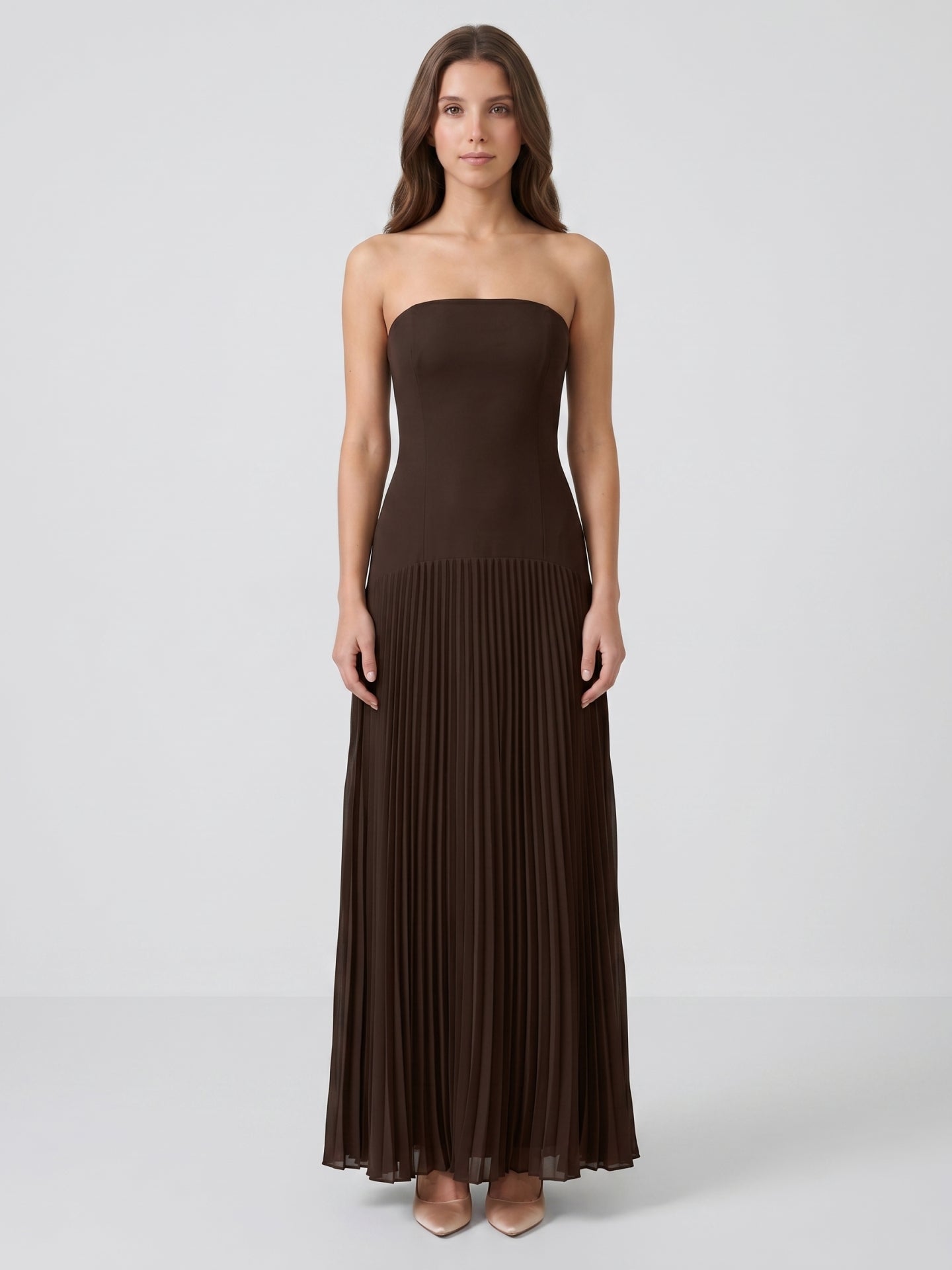 Espresso Chiffon A-Line Straight Neck Back Zip Floor-Length Pleated Bridesmaid Dress - Curvevia
