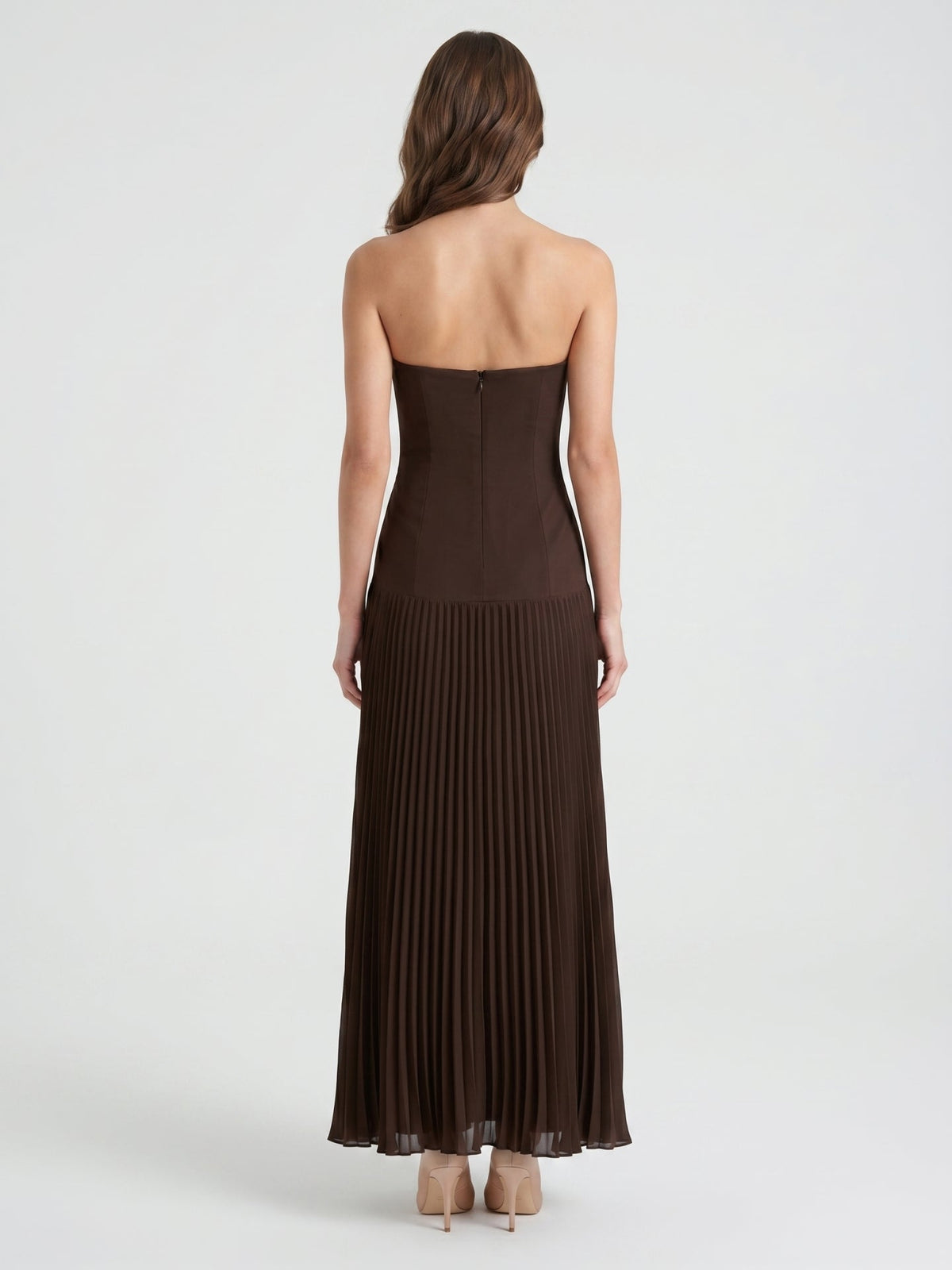 Espresso Chiffon A-Line Straight Neck Back Zip Floor-Length Pleated Bridesmaid Dress - Curvevia