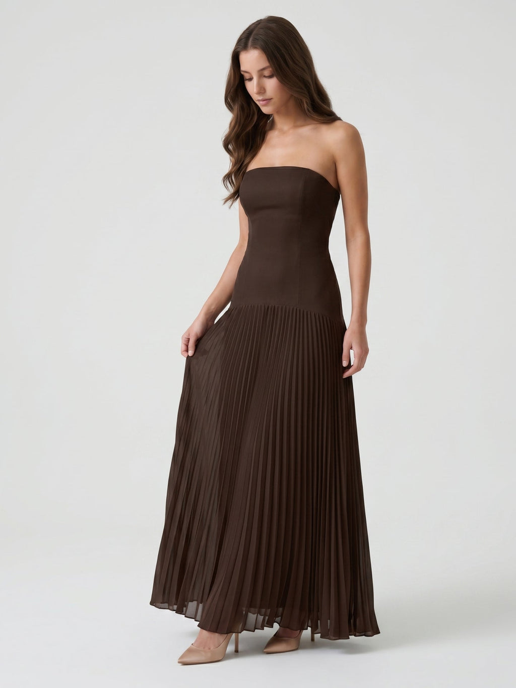 Espresso Chiffon A-Line Straight Neck Back Zip Floor-Length Pleated Bridesmaid Dress - Curvevia