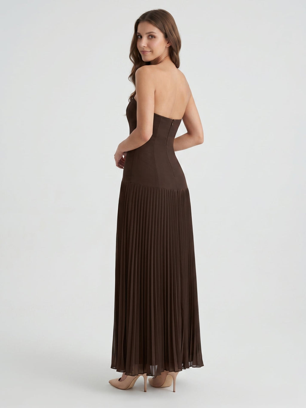 Espresso Chiffon A-Line Straight Neck Back Zip Floor-Length Pleated Bridesmaid Dress - Curvevia