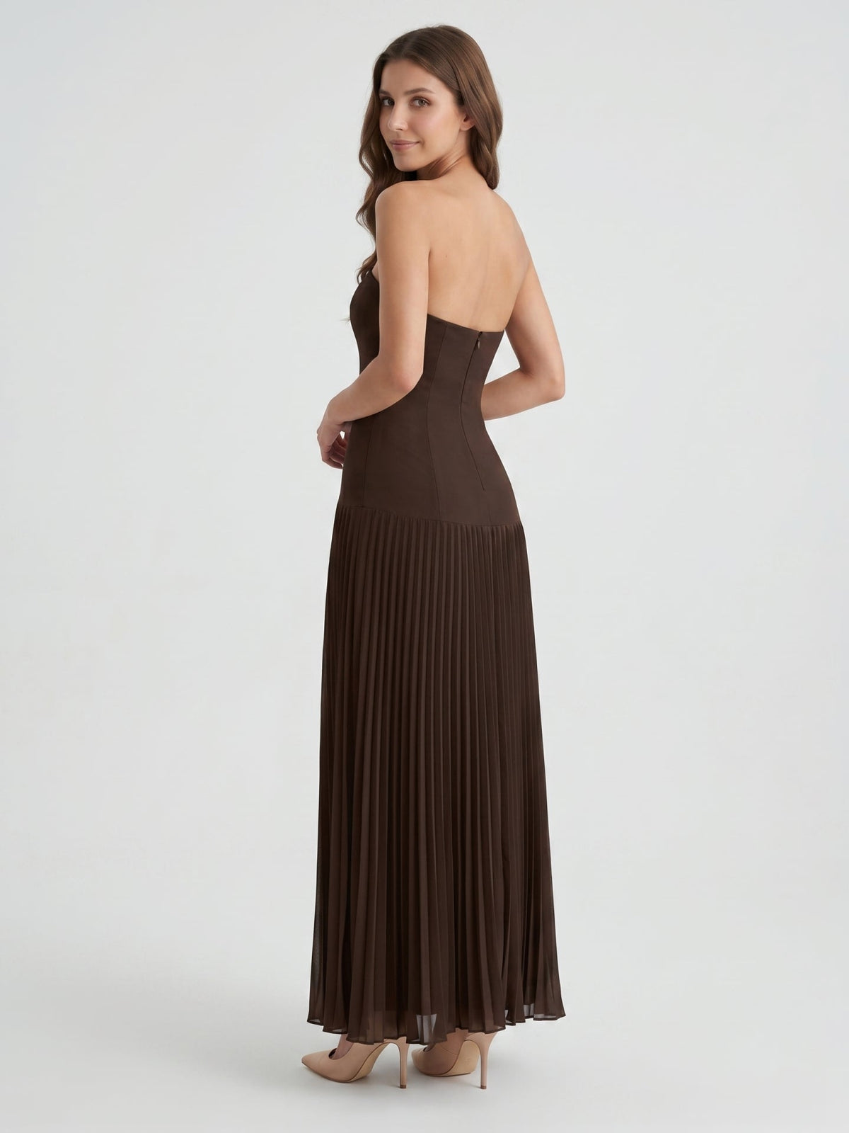 Espresso Chiffon A-Line Straight Neck Back Zip Floor-Length Pleated Bridesmaid Dress - Curvevia