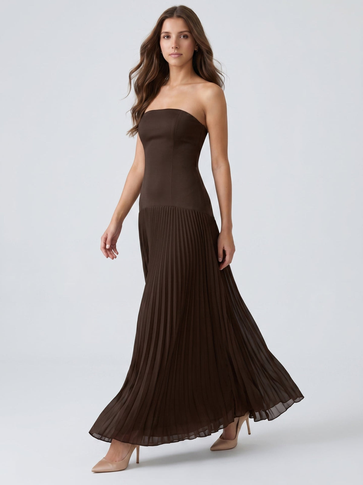 Espresso Chiffon A-Line Straight Neck Back Zip Floor-Length Pleated Bridesmaid Dress - Curvevia