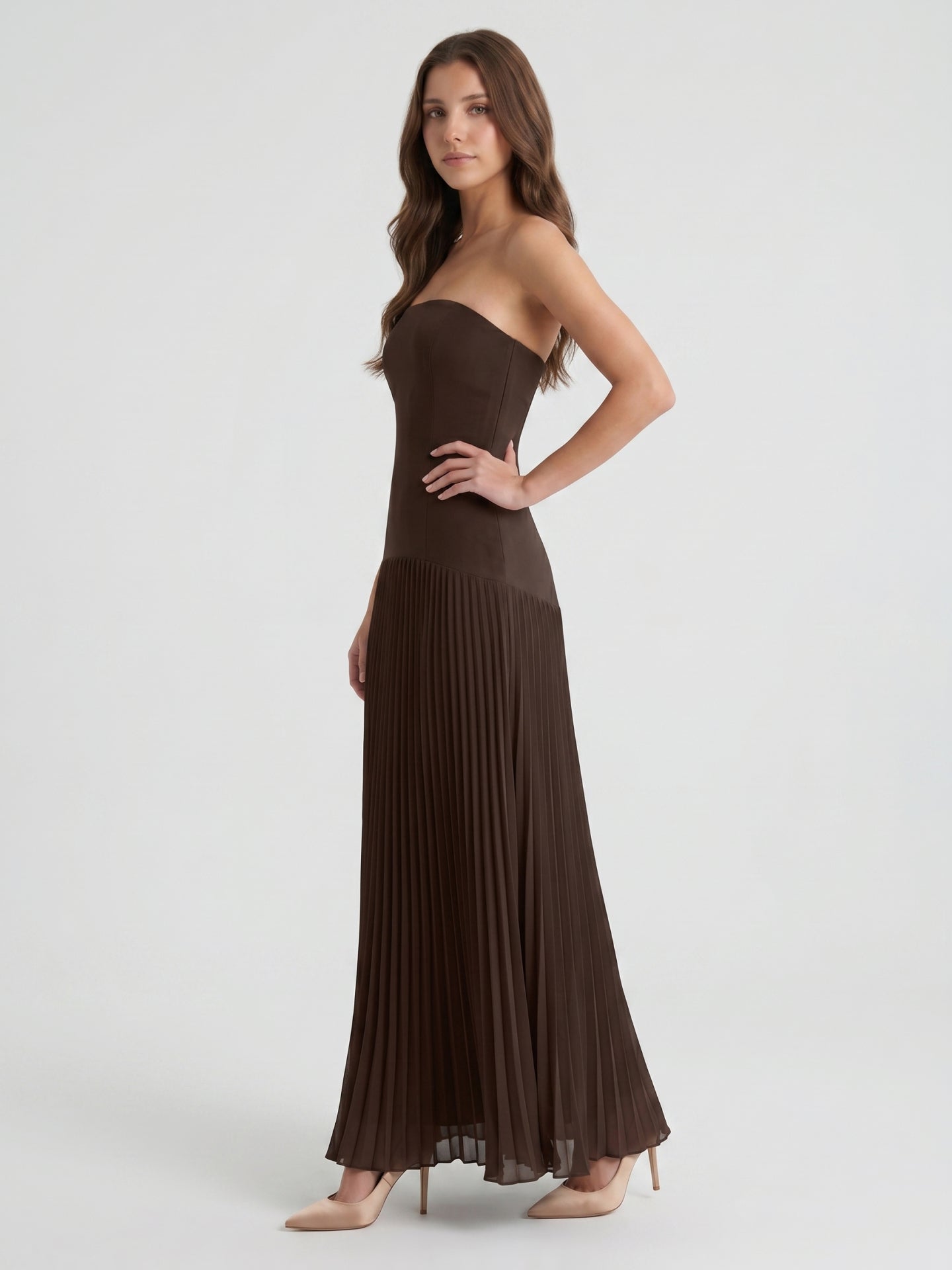 Espresso Chiffon A-Line Straight Neck Back Zip Floor-Length Pleated Bridesmaid Dress - Curvevia