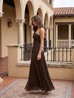 Espresso Chiffon A-Line Straight Neck Back Zip Floor-Length Pleated Bridesmaid Dress - Curvevia