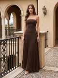 Espresso Chiffon A-Line Straight Neck Back Zip Floor-Length Pleated Bridesmaid Dress - Curvevia