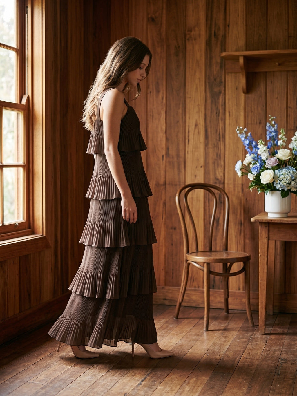 Espresso Chiffon A-Line V-Neck Back Zip Ankle-Length Cascading Ruffle Bridesmaid Dress - Curvevia